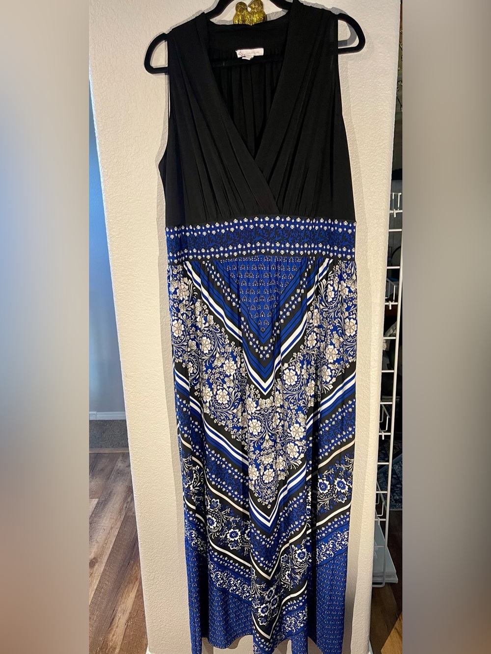 Sleeveless Black and Blue Printed Maxi Dress with V-Neckline